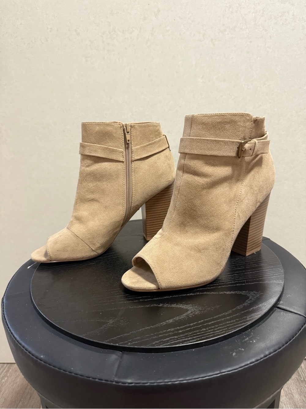 Tan Suede Peep-Toe 4" Block Heel Ankle Boots